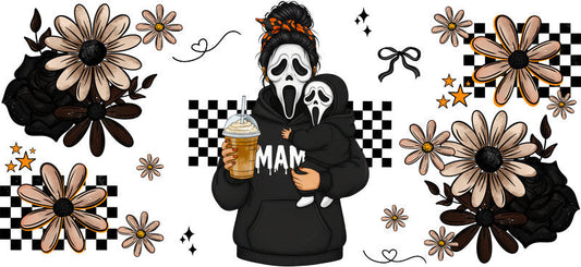 black hoodie mama UV DTF cup wrap for 16oz glass can halloween cup decal KA-10488