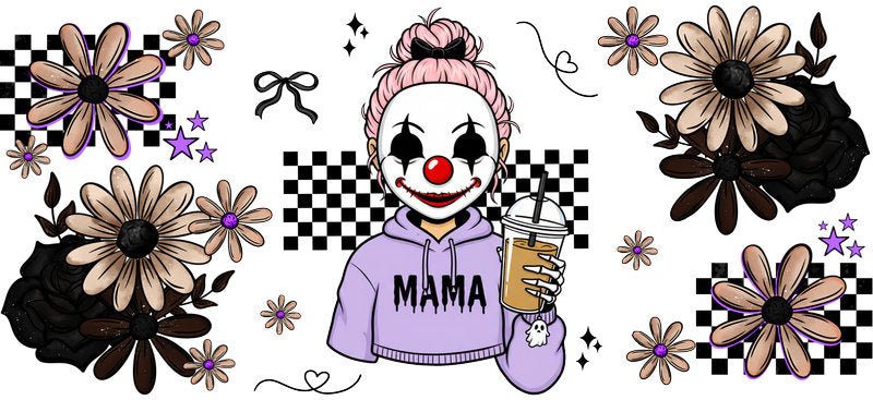 pastel clown mama UV DTF cup wrap for 16oz glass can halloween decal KA-10517