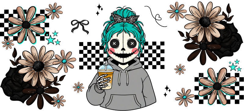 teal horror mama UV DTF cup wrap for 16oz glass can halloween decal KA-10519
