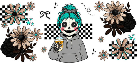 teal horror mama UV DTF cup wrap for 16oz glass can halloween decal KA-10519