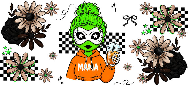 green pumpkin monster UV DTF cup wrap for 16oz glass can spooky decal KA-10526