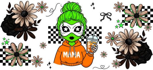 green pumpkin monster UV DTF cup wrap for 16oz glass can spooky decal KA-10526