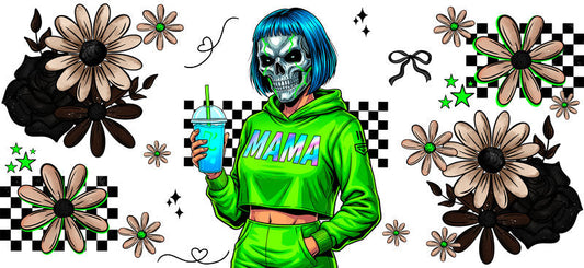 neon monster mama UV DTF cup wrap for 16oz glass can spooky cup decal KA-10533