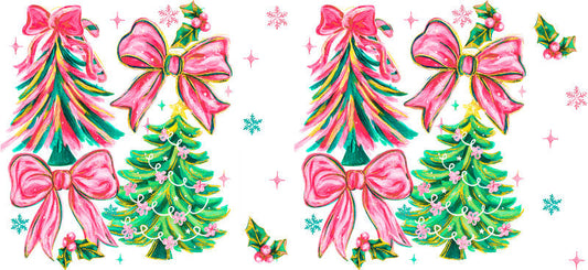 Pink Christmas tree UV DTF cup wrap with holiday bow design for 16oz glass can KA-11591
