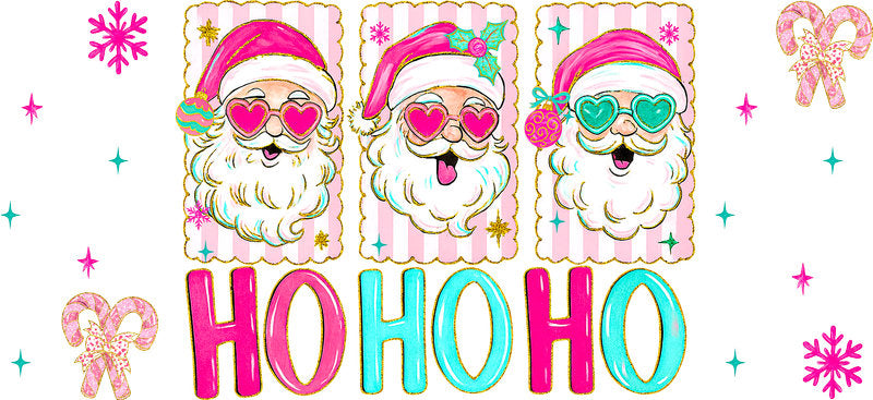 Ho Ho Ho Christmas UV DTF cup wrap with colorful holiday artwork for 16oz glass can KA-11596