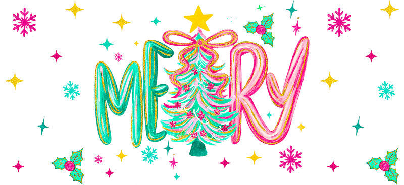 Christmas merry holiday UV DTF cup wrap with colorful festive design for 16oz glass can KA-11604