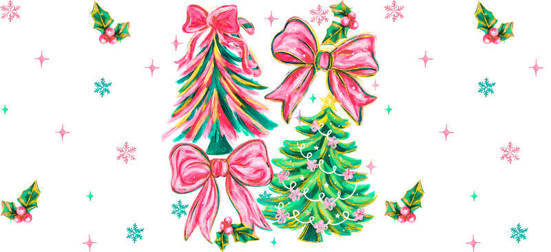 Christmas tree bow UV DTF cup wrap with holiday ribbon design for 16oz glass can KA-11612