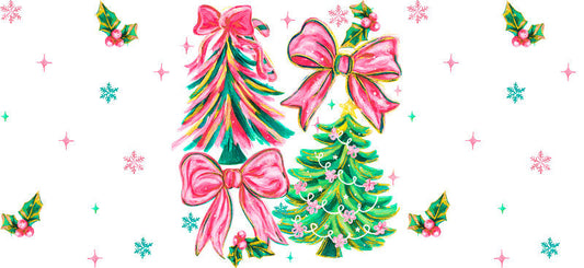 Christmas tree bow UV DTF cup wrap with holiday ribbon design for 16oz glass can KA-11612