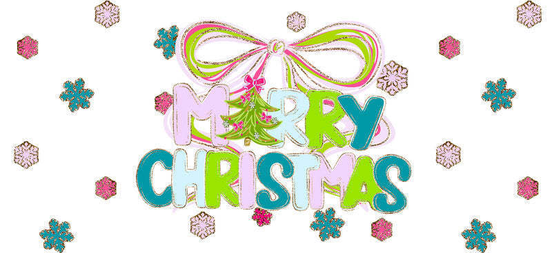 Merry Christmas bow UV DTF cup wrap with festive ribbon artwork for 16oz glass can KA-11613