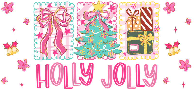 Holly jolly holiday UV DTF cup wrap with Christmas theme for 16oz glass can KA-11629