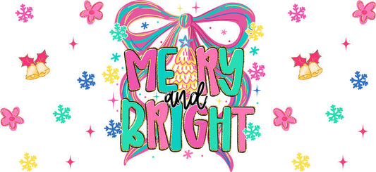 Merry bright Christmas UV DTF cup wrap with colorful holiday design for 16oz glass can KA-11630