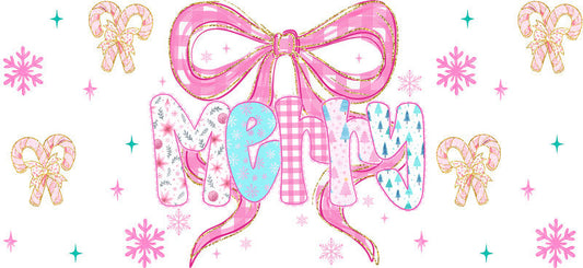 Pink bow Christmas UV DTF cup wrap with festive ribbon design for 16oz glass can KA-11633