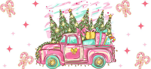 Christmas truck UV DTF cup wrap with holiday vehicle design for 16oz glass can KA-11654