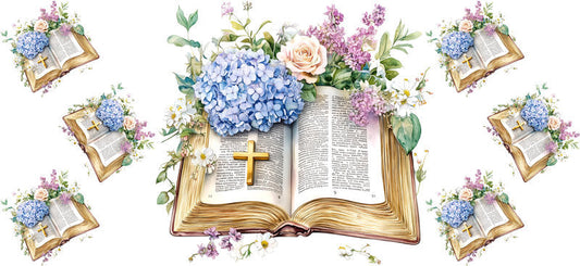 Hydrangea Bible Cross UV DTF Transfer for 16oz Glass Can