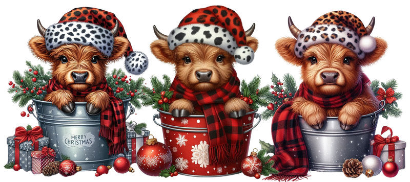 Christmas Highland Cow Animal Floral UV DTF Cup Wrap for 16oz Libbey
