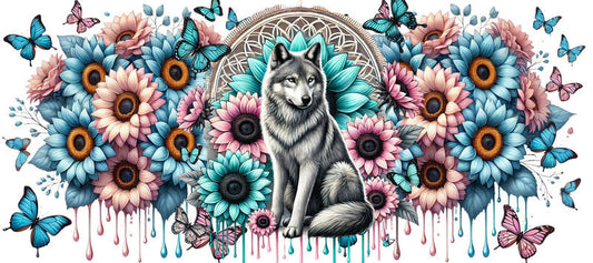 Wolf Animal Floral UV DTF Transfer for 16oz Libbey
