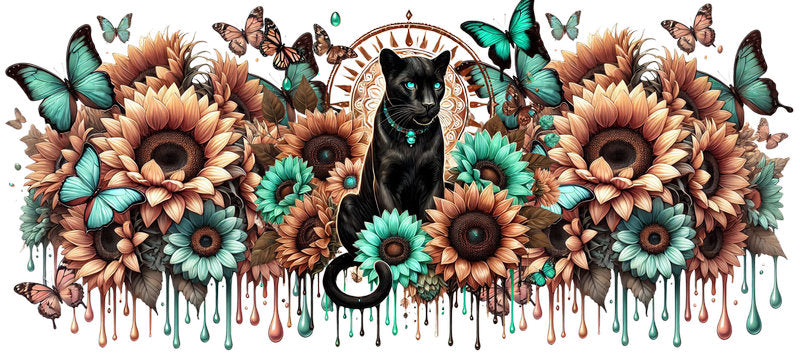 Black Cat Animal Floral UV DTF Cup Wrap for 16oz Libbey