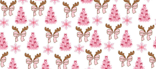 Pink Christmas reindeer bow tree and snowflake holiday pattern