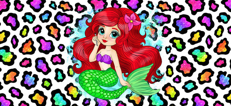 Red Hair Mermaid Colorful Leopard Print UV DTF Cup Wrap for 16oz Libbey Glass KA-14660
