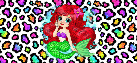 Red Hair Mermaid Colorful Leopard Print UV DTF Cup Wrap for 16oz Libbey Glass KA-14660