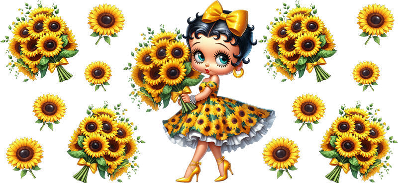 Sunflower Girl Floral UV DTF Cup Wrap for 16oz Libbey Glass KA-14826