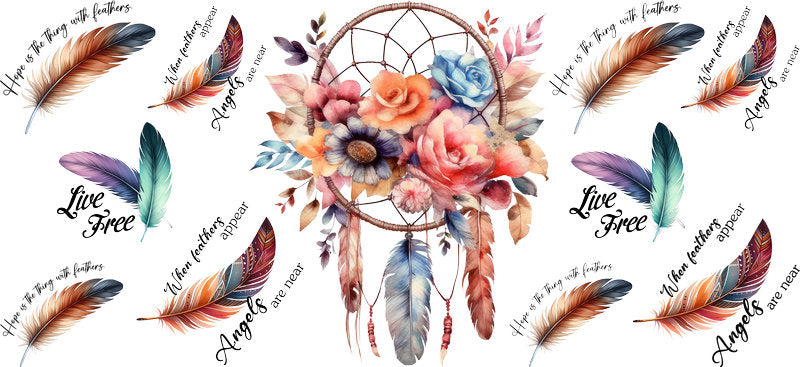 Floral Dreamcatcher with Colorful Flowers and Feathers UV DTF Cup Wrap for 16oz Glass KA-15288
