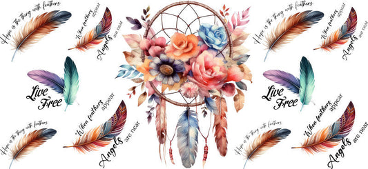 Floral Dreamcatcher with Colorful Flowers and Feathers UV DTF Cup Wrap for 16oz Glass KA-15288