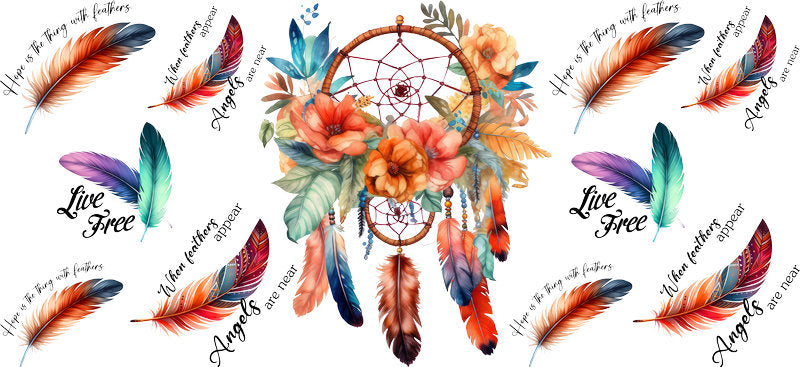 Floral Dreamcatcher with Colorful Flowers and Feathers UV DTF Cup Wrap for 16oz Glass KA-15319