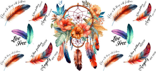 Floral Dreamcatcher with Colorful Flowers and Feathers UV DTF Cup Wrap for 16oz Glass KA-15319