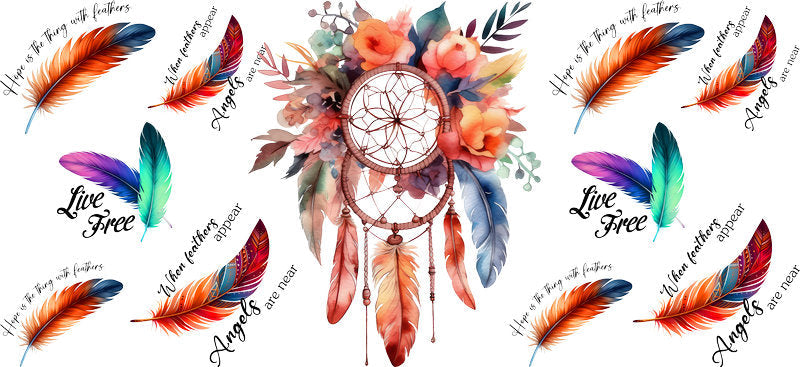Floral Dreamcatcher with Colorful Flowers and Feathers UV DTF Cup Wrap for 16oz Glass KA-15320