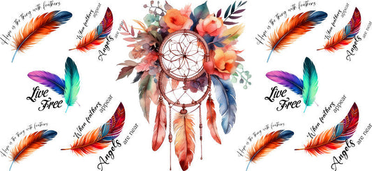 Floral Dreamcatcher with Colorful Flowers and Feathers UV DTF Cup Wrap for 16oz Glass KA-15320