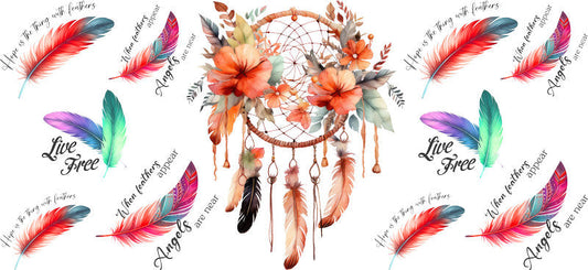 Floral Dreamcatcher with Colorful Flowers and Feathers UV DTF Cup Wrap for 16oz Glass KA-15321