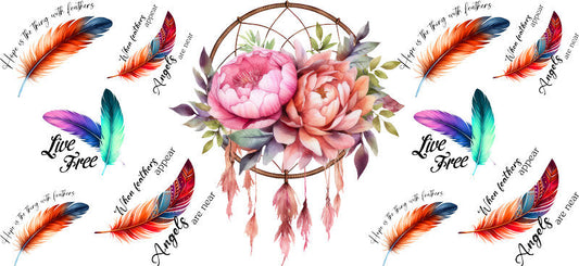 Floral Dreamcatcher with Colorful Flowers and Feathers UV DTF Cup Wrap for 16oz Glass KA-15323