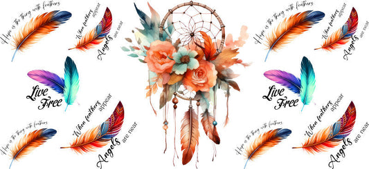 Floral Dreamcatcher with Colorful Flowers and Feathers UV DTF Cup Wrap for 16oz Glass KA-15324