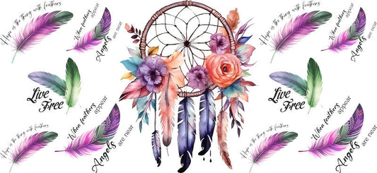 Floral Dreamcatcher with Colorful Flowers and Feathers UV DTF Cup Wrap for 16oz Glass KA-15325