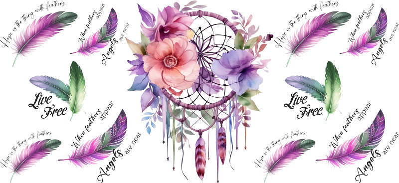 Floral Dreamcatcher with Colorful Flowers and Feathers UV DTF Cup Wrap for 16oz Glass KA-15326