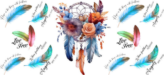 Floral Dreamcatcher with Colorful Flowers and Feathers UV DTF Cup Wrap for 16oz Glass KA-15327