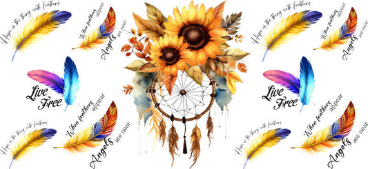 Floral Dreamcatcher with Colorful Flowers and Feathers UV DTF Cup Wrap for 16oz Glass KA-15328