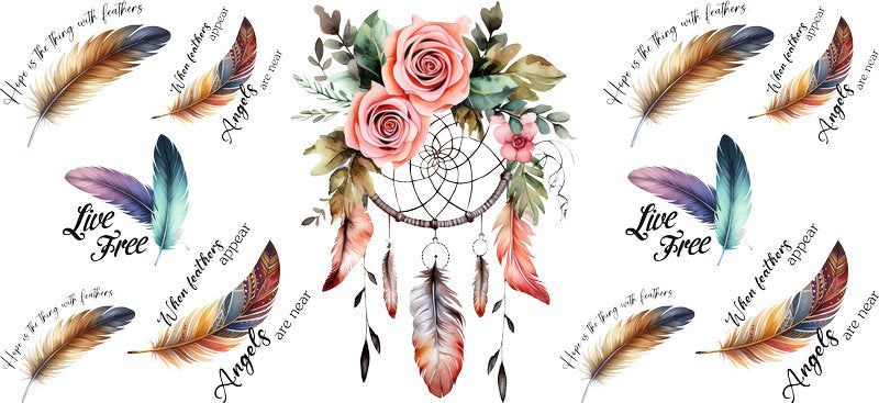 Floral Dreamcatcher with Colorful Flowers and Feathers UV DTF Cup Wrap for 16oz Glass KA-15330