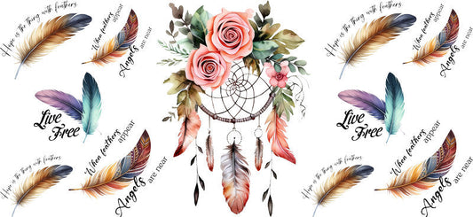 Floral Dreamcatcher with Colorful Flowers and Feathers UV DTF Cup Wrap for 16oz Glass KA-15330