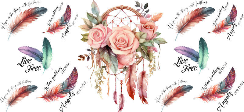 Floral Dreamcatcher with Colorful Flowers and Feathers UV DTF Cup Wrap for 16oz Glass KA-15331