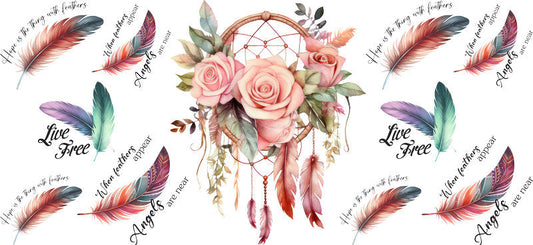 Floral Dreamcatcher with Colorful Flowers and Feathers UV DTF Cup Wrap for 16oz Glass KA-15331
