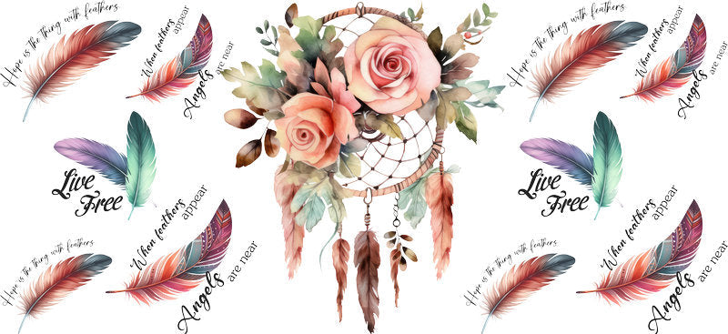 Floral Dreamcatcher with Colorful Flowers and Feathers UV DTF Cup Wrap for 16oz Glass KA-15332