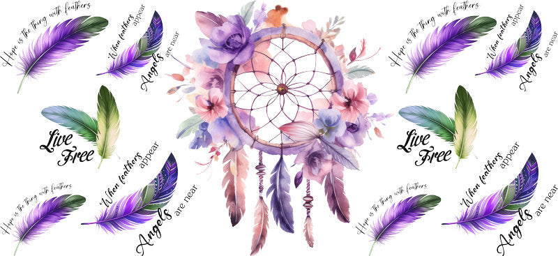 Floral Dreamcatcher with Colorful Flowers and Feathers UV DTF Cup Wrap for 16oz Glass KA-15333