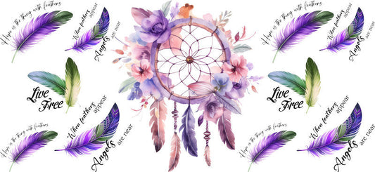 Floral Dreamcatcher with Colorful Flowers and Feathers UV DTF Cup Wrap for 16oz Glass KA-15333