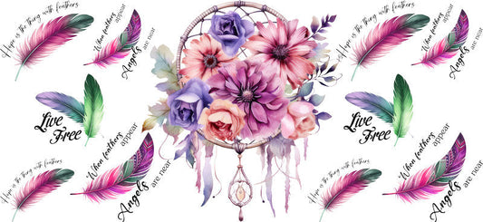 Floral Dreamcatcher with Colorful Flowers and Feathers UV DTF Cup Wrap for 16oz Glass KA-15334