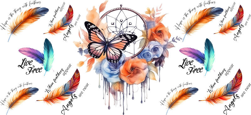 Floral Dreamcatcher with Colorful Flowers and Feathers UV DTF Cup Wrap for 16oz Glass KA-15335