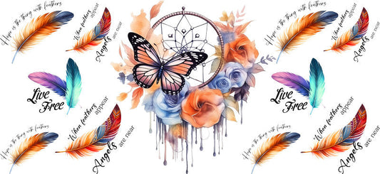 Floral Dreamcatcher with Colorful Flowers and Feathers UV DTF Cup Wrap for 16oz Glass KA-15335