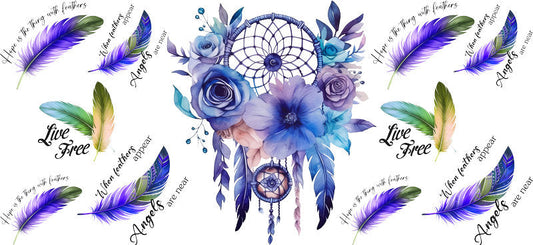 Floral Dreamcatcher with Colorful Flowers and Feathers UV DTF Cup Wrap for 16oz Glass KA-15337