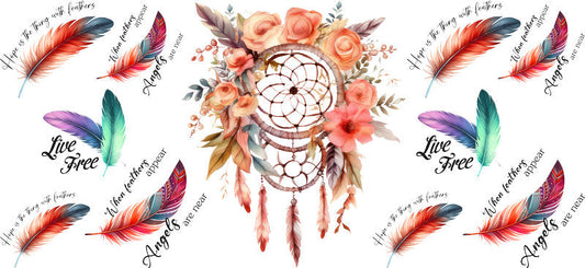 Floral Dreamcatcher with Colorful Flowers and Feathers UV DTF Cup Wrap for 16oz Glass KA-15338